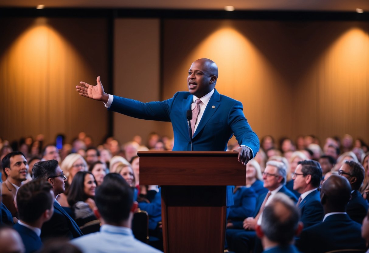 A speaker standing confidently at a podium, gesturing passionately to a captivated audience. The room is filled with a warm glow from the stage lights