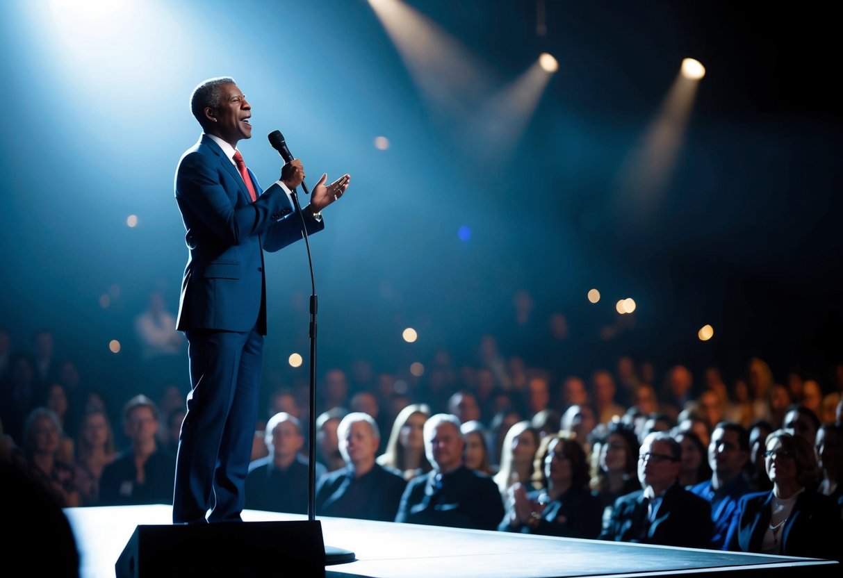 A figure standing tall on a stage, with a spotlight shining down, speaking passionately to a captivated audience