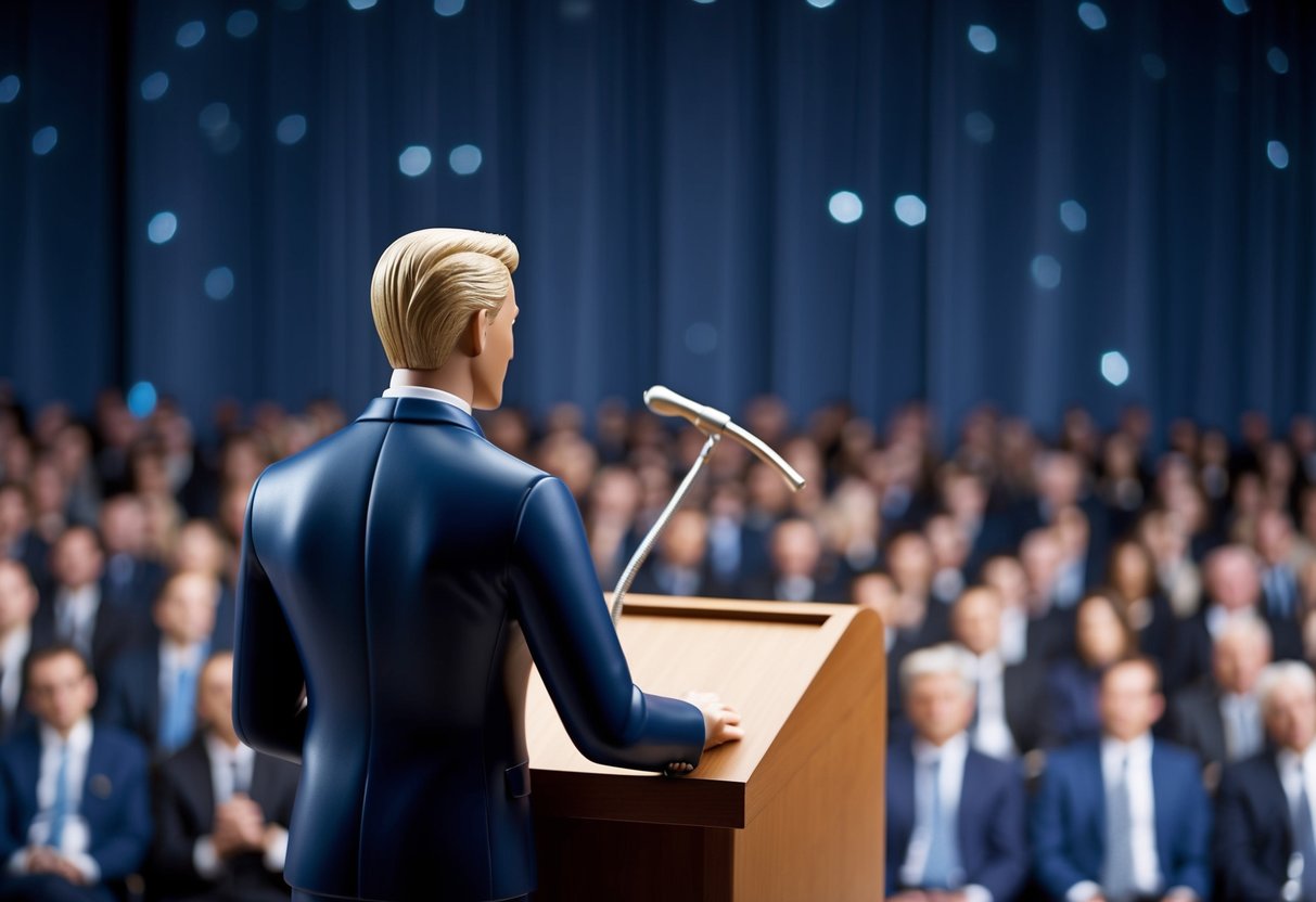 A figure standing behind a podium, facing an audience. The figure begins with a confident stance and ends with a gracious bow