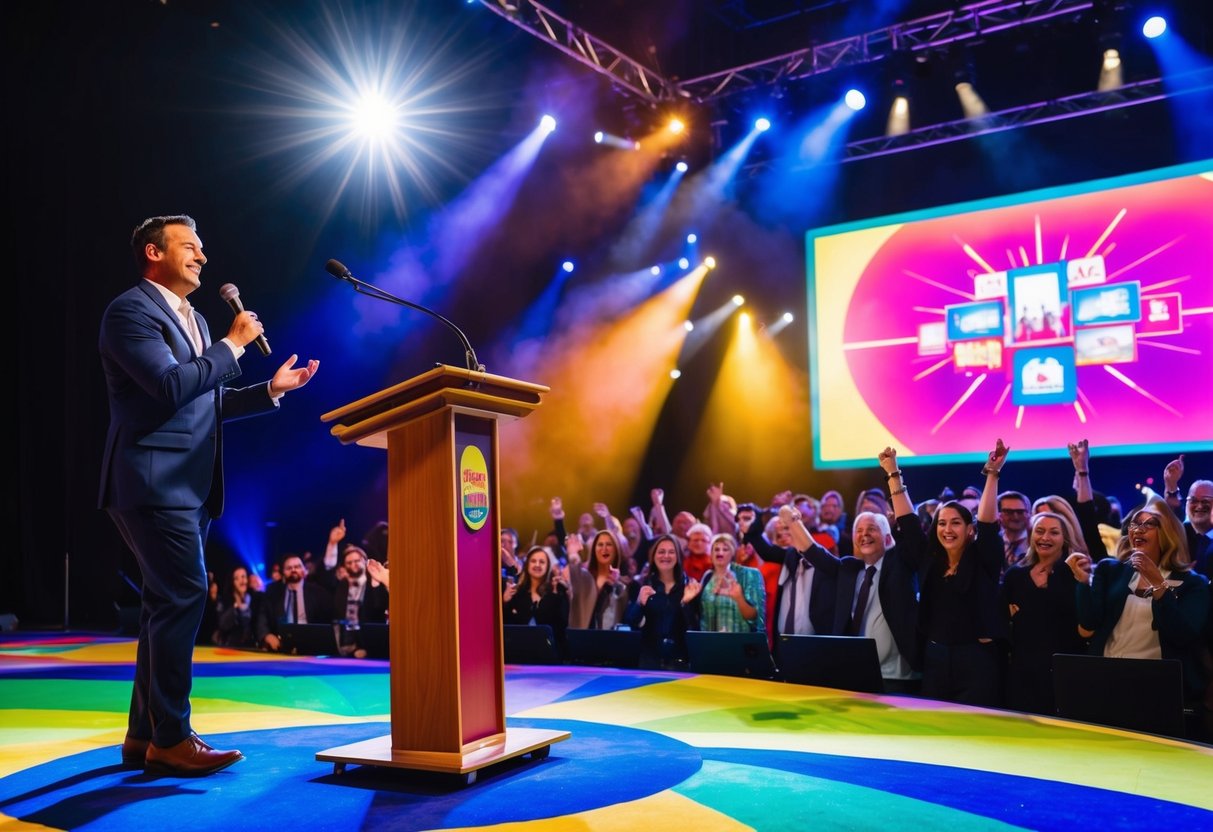 A colorful and dynamic stage with a podium, microphone, and enthusiastic audience. Bright lights illuminate the speaker, while engaging visuals are displayed on a large screen behind them