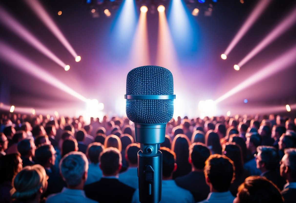 A vibrant spotlight shines on a lone microphone, center stage, surrounded by a sea of expectant faces