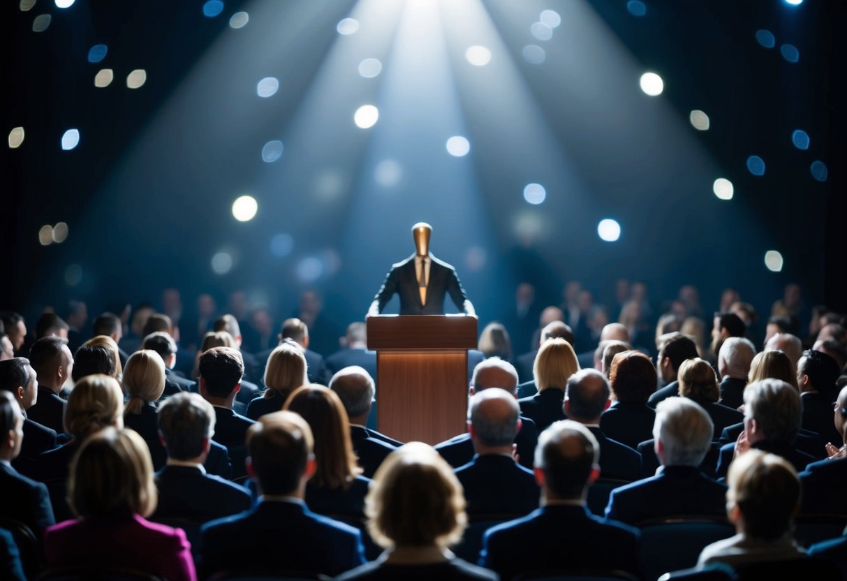 A figure standing at a podium, surrounded by a hushed audience, with a spotlight shining down on them