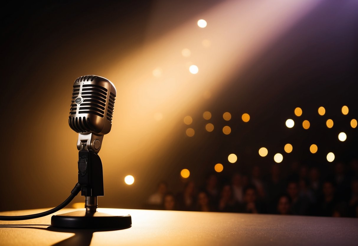 A spotlight shining on a lone microphone, casting a warm glow on the stage, inviting and captivating the audience's attention