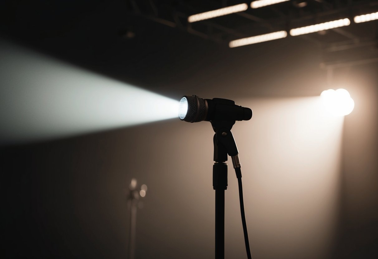A single spotlight illuminates a microphone on an empty stage