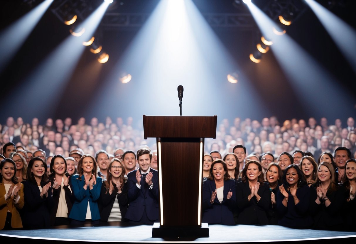 A podium with a microphone, surrounded by a sea of eager faces, under a spotlight on a grand stage