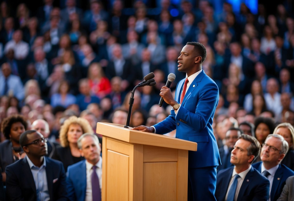A figure standing confidently at a podium, addressing a crowd with a microphone in hand. The audience listens intently, while the speaker gestures passionately