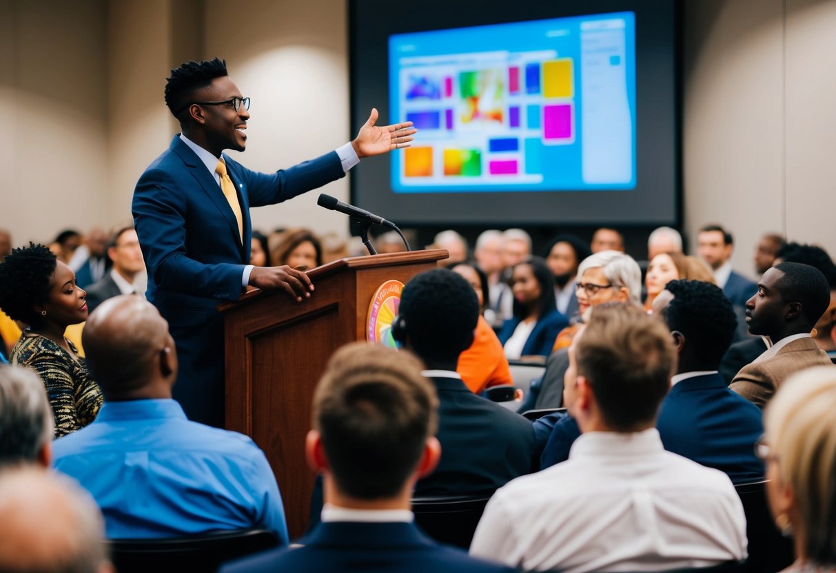A person standing at a podium, gesturing with enthusiasm, as a diverse audience listens intently. A colorful visual aid is displayed on a large screen behind the speaker