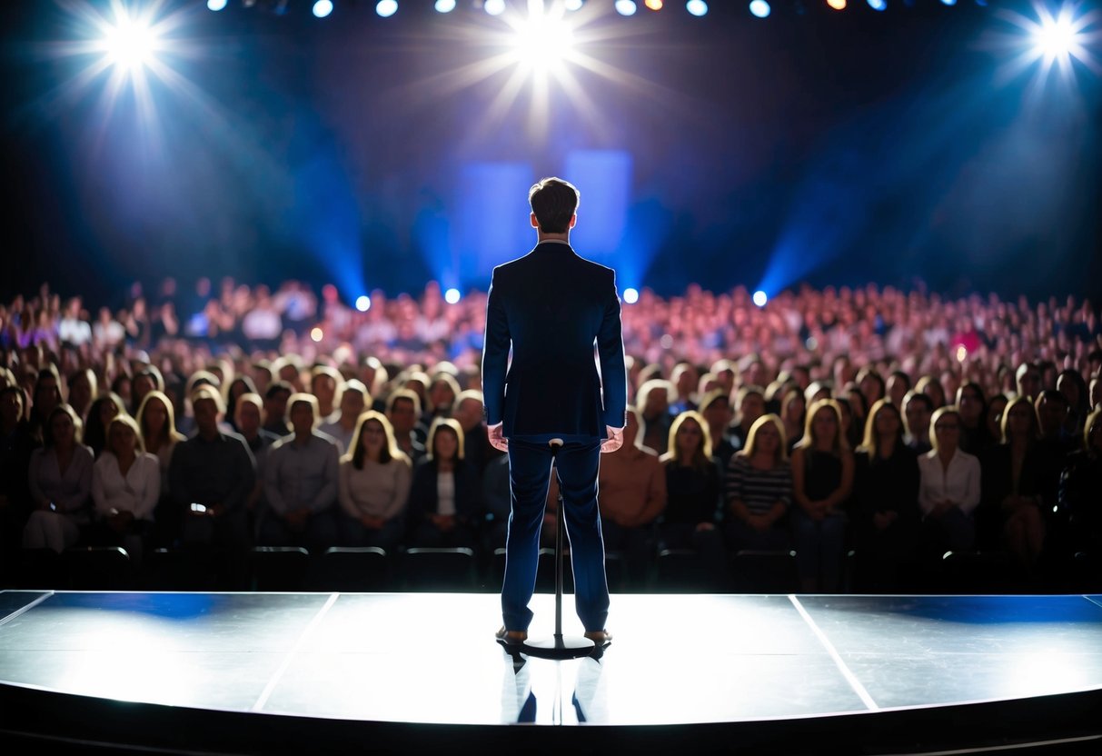 A person standing confidently on a stage, facing a large audience, with bright lights shining down and a microphone in front of them