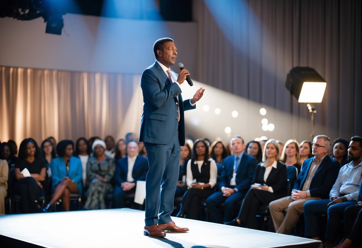 A person standing on a stage, speaking into a microphone, with a diverse audience listening attentively. A spotlight shines on the speaker, while visuals or props enhance the speech