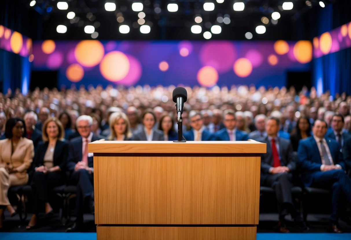 A podium with a microphone and a backdrop of a large, welcoming audience