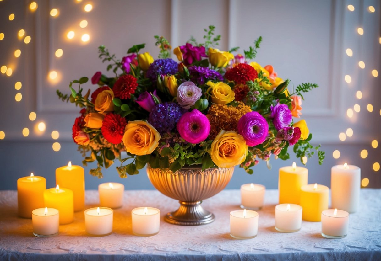 A colorful bouquet of flowers arranged in an elegant vase, surrounded by flickering candles and soft, romantic lighting