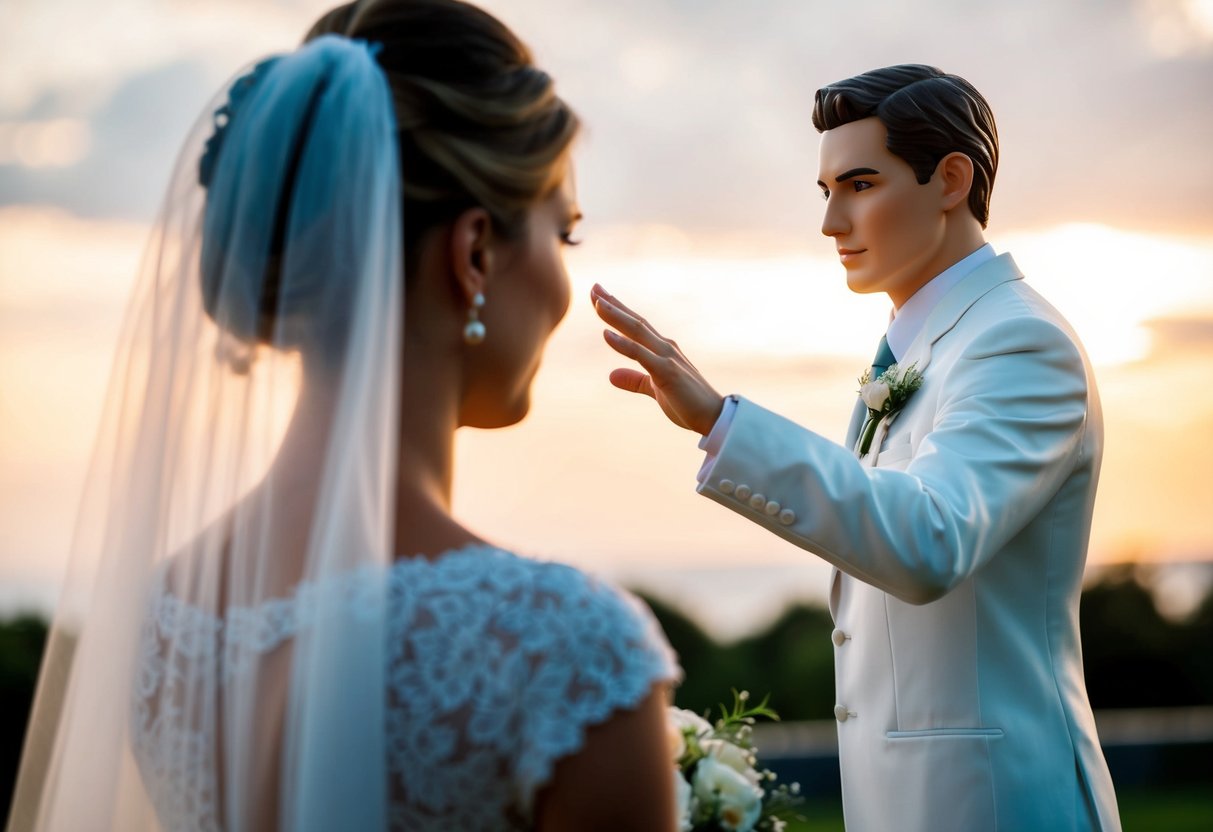 A figure stands before the bride, gesturing towards her with a sense of reverence and honor