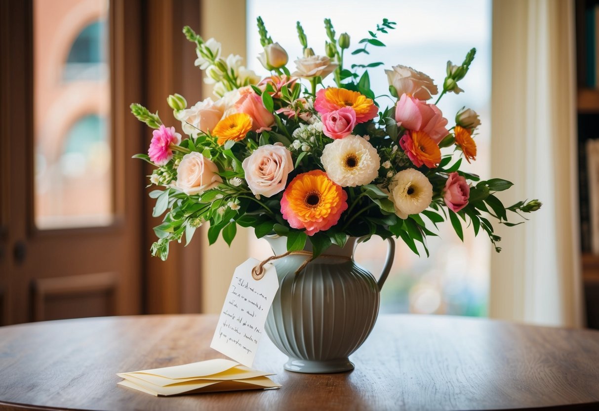 A beautiful bouquet of flowers arranged in a vase with a handwritten note attached