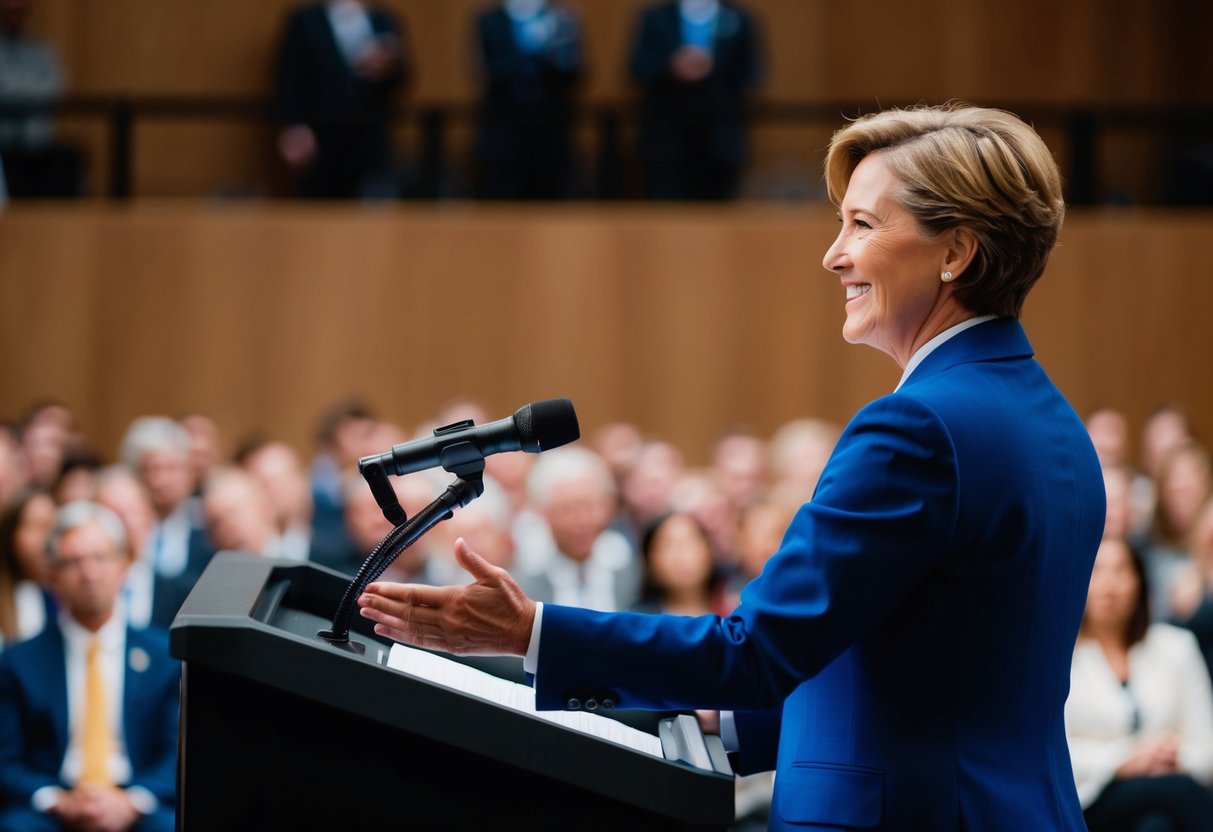 A person standing at a podium, facing an audience with a welcoming smile and open posture