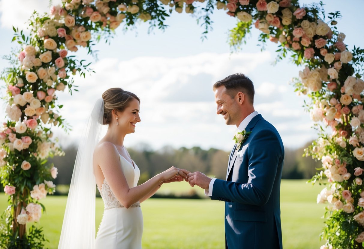 A bride and groom exchanging rings under a blooming floral archway