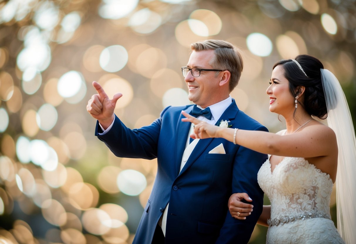 A figure standing beside the bride, gesturing towards her with a sense of pride and support