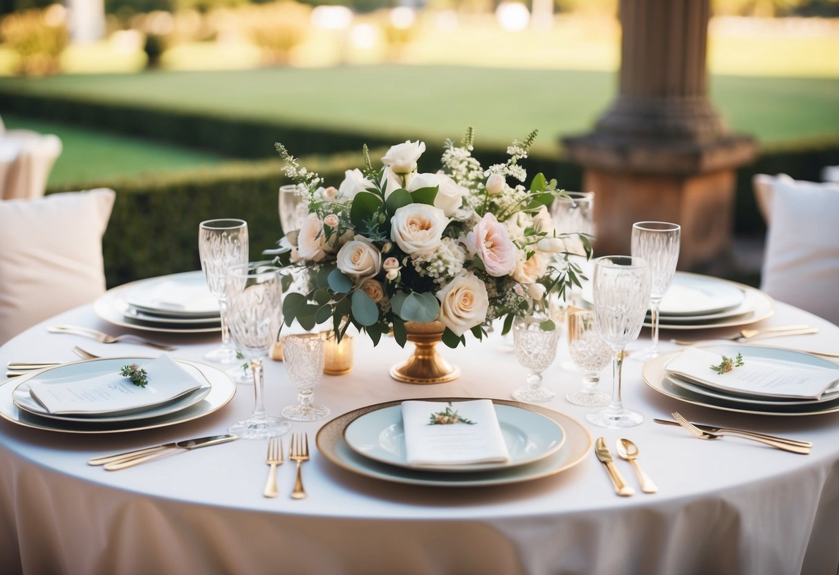 A beautifully set wedding table with elegant place settings and floral centerpieces