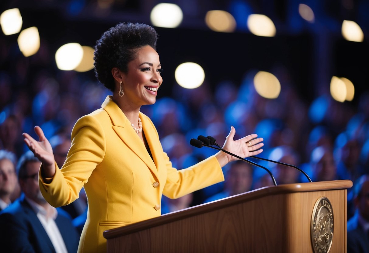 A person standing at a podium, smiling and making eye contact with the audience, gesturing with open arms in a welcoming manner