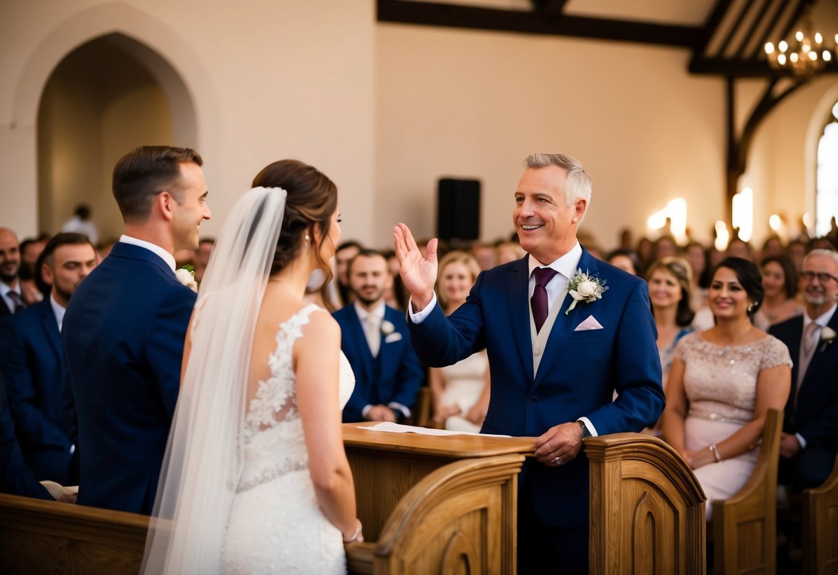 A figure stands at the altar, gesturing towards the bride with a warm smile, as the audience looks on with anticipation