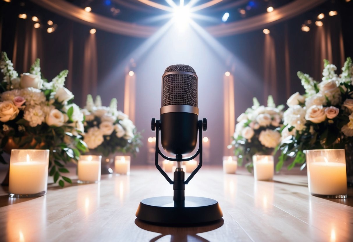 A microphone on a grand stage with a spotlight shining down, surrounded by elegant floral arrangements and soft candlelight