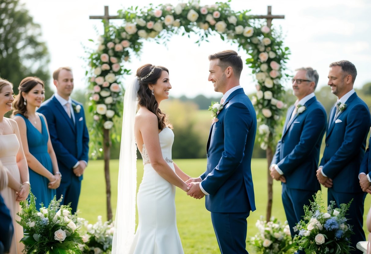 A bride and groom stand facing each other under a floral arch, surrounded by friends and family. They exchange vows with love and sincerity