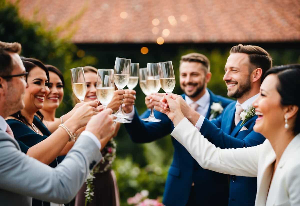 A group of people raise their glasses in celebration, smiling and laughing as they give heartfelt toasts to the newly married couple