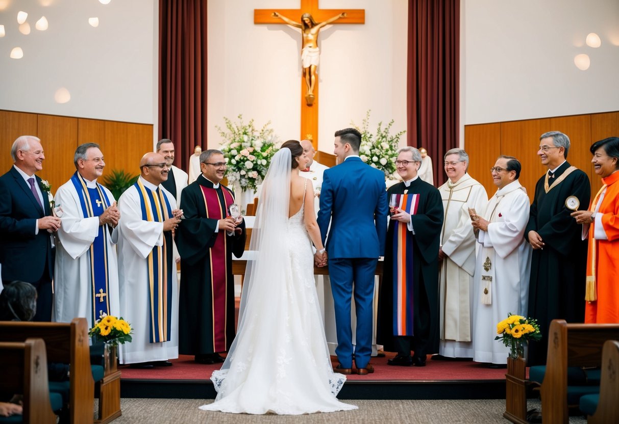 A bride and groom standing at an altar, surrounded by representatives from different religions, each holding a symbol of their faith