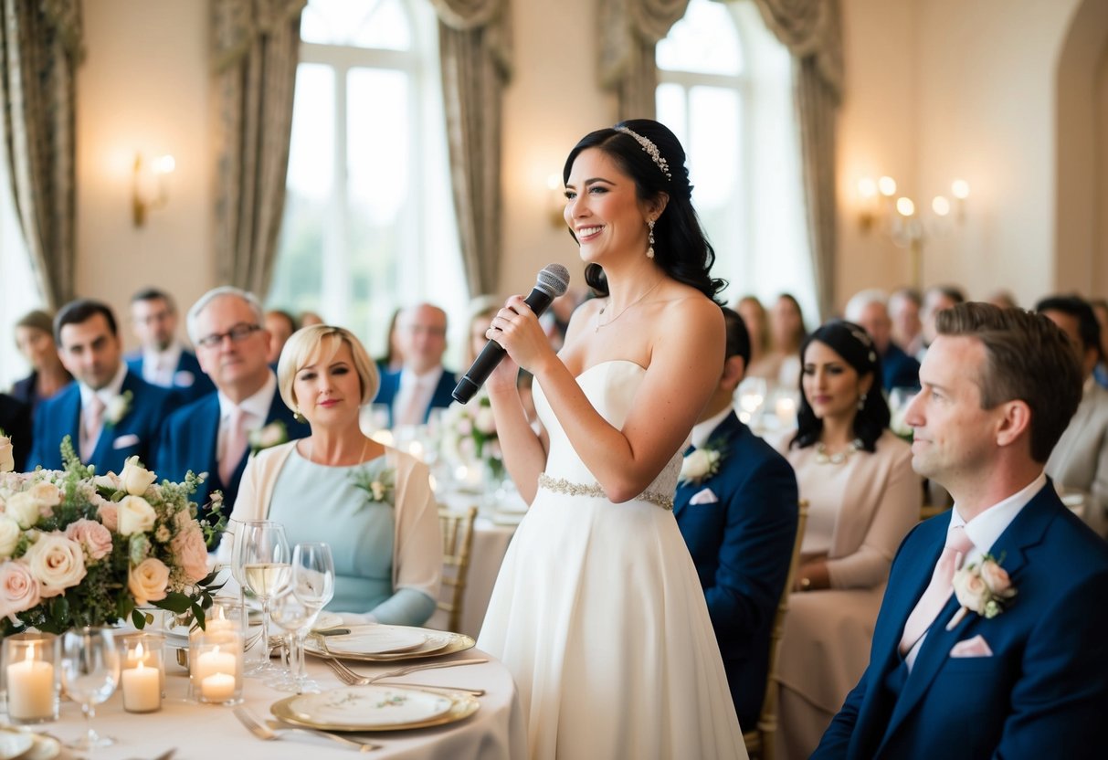 A bride stands at a microphone, smiling. Tables are set with flowers, candles, and elegant place settings. Guests listen attentively