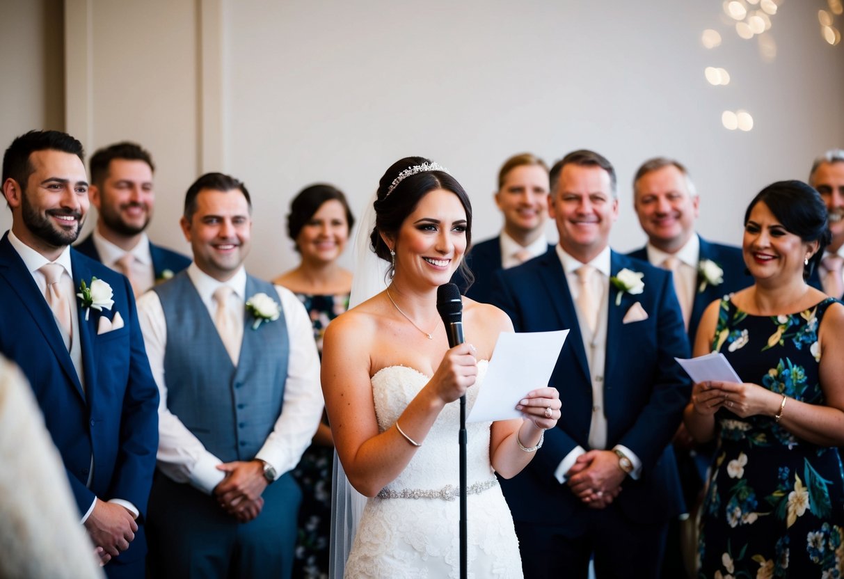 A bride standing at a microphone, surrounded by smiling guests, holding a piece of paper and preparing to deliver her speech