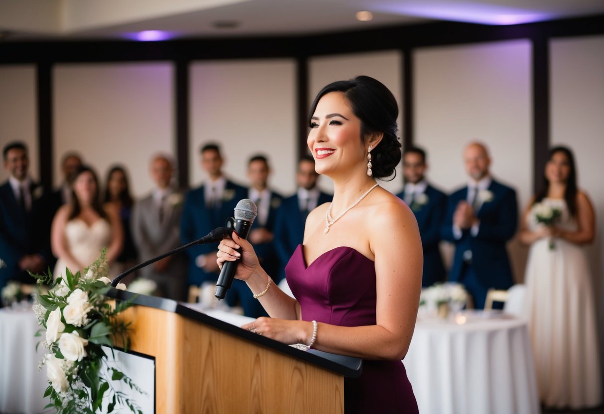 A woman stands at a podium, surrounded by wedding decorations. She holds a microphone and looks out at the audience with a smile, preparing to give a speech