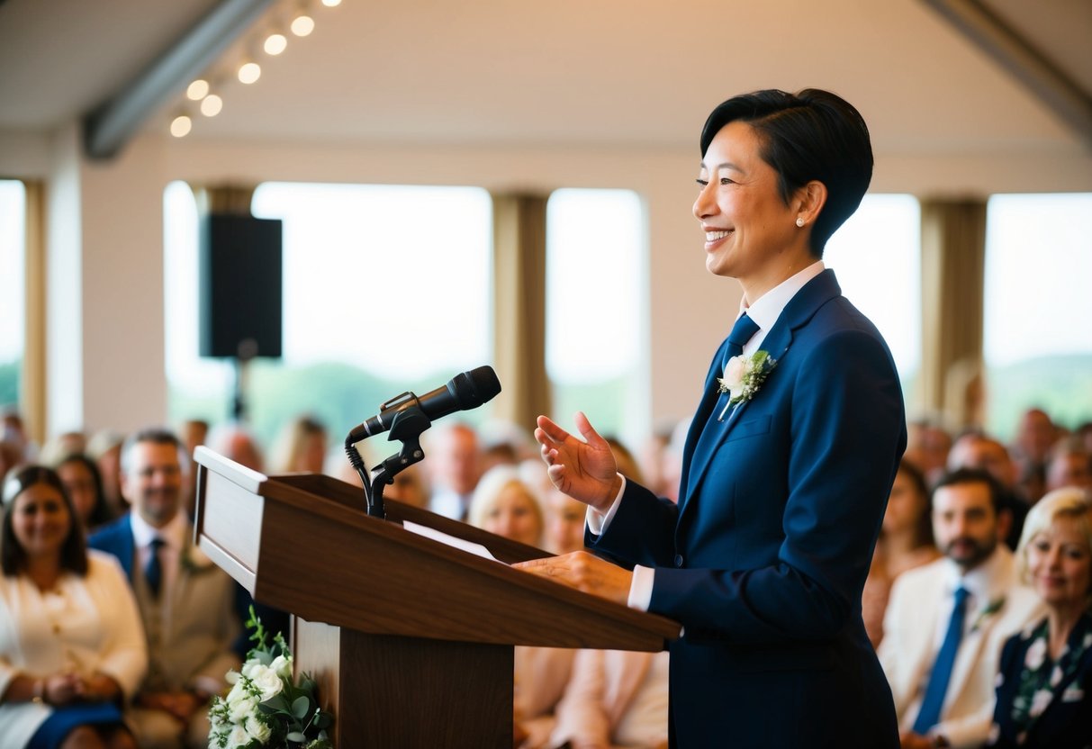 A person standing at a wedding podium, speaking confidently to a crowd, with a warm and engaging expression
