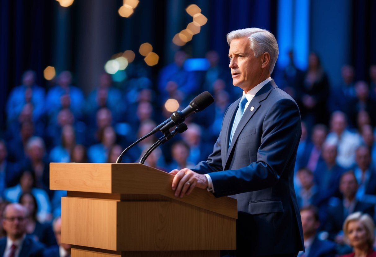 A figure stands confidently at a podium, addressing an audience with poise and assurance