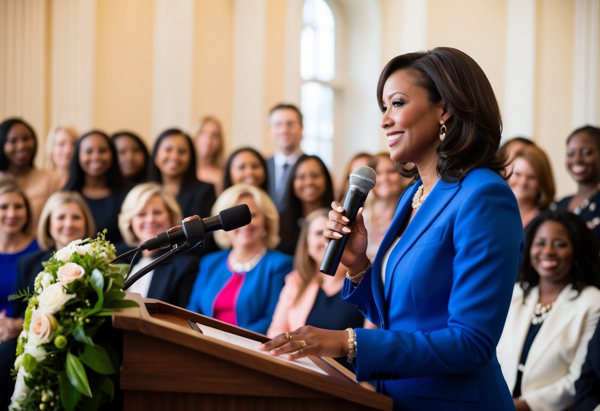 A woman stands at a podium, surrounded by flowers and smiling faces, holding a microphone and preparing to address the room