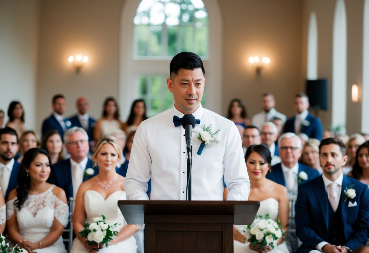 A person standing behind a podium at a wedding, surrounded by guests, holding a microphone and looking nervous
