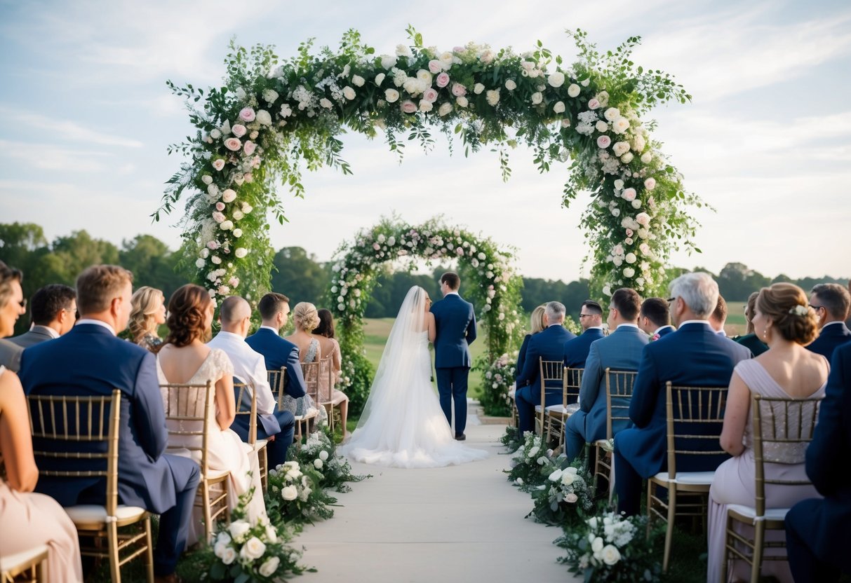 A wedding arch adorned with flowers and greenery, surrounded by guests seated on either side, with a soft, romantic ambiance