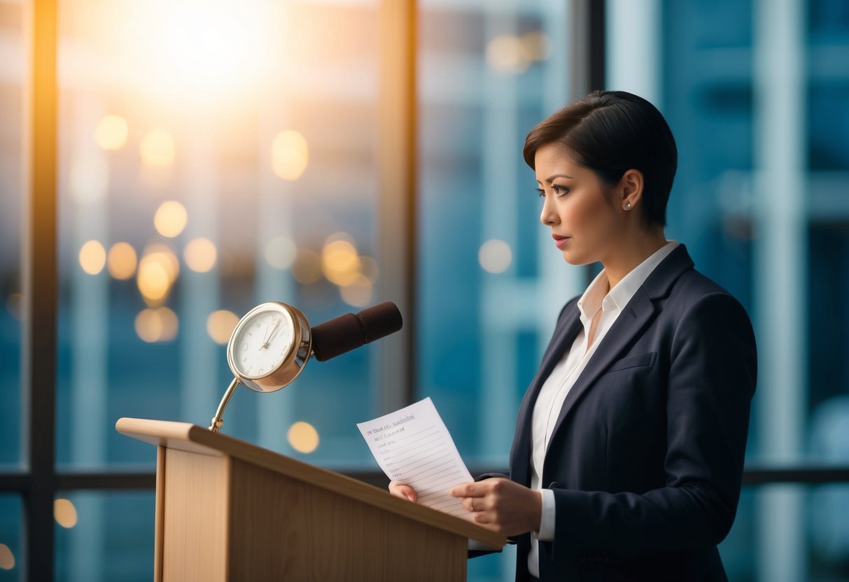 A person standing at a podium, looking at a clock with a concerned expression while holding a piece of paper with notes on it