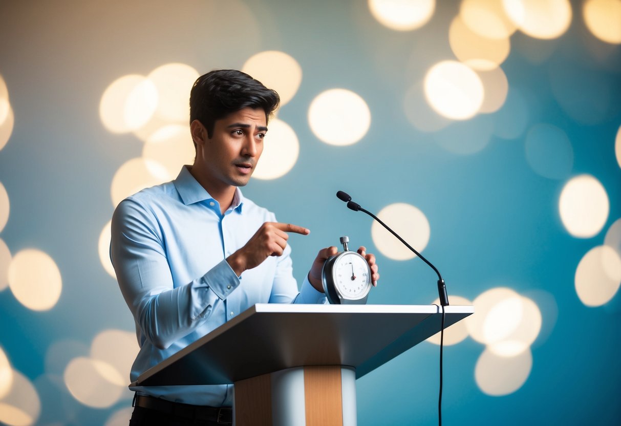 A person standing at a podium, looking at a stopwatch with a puzzled expression