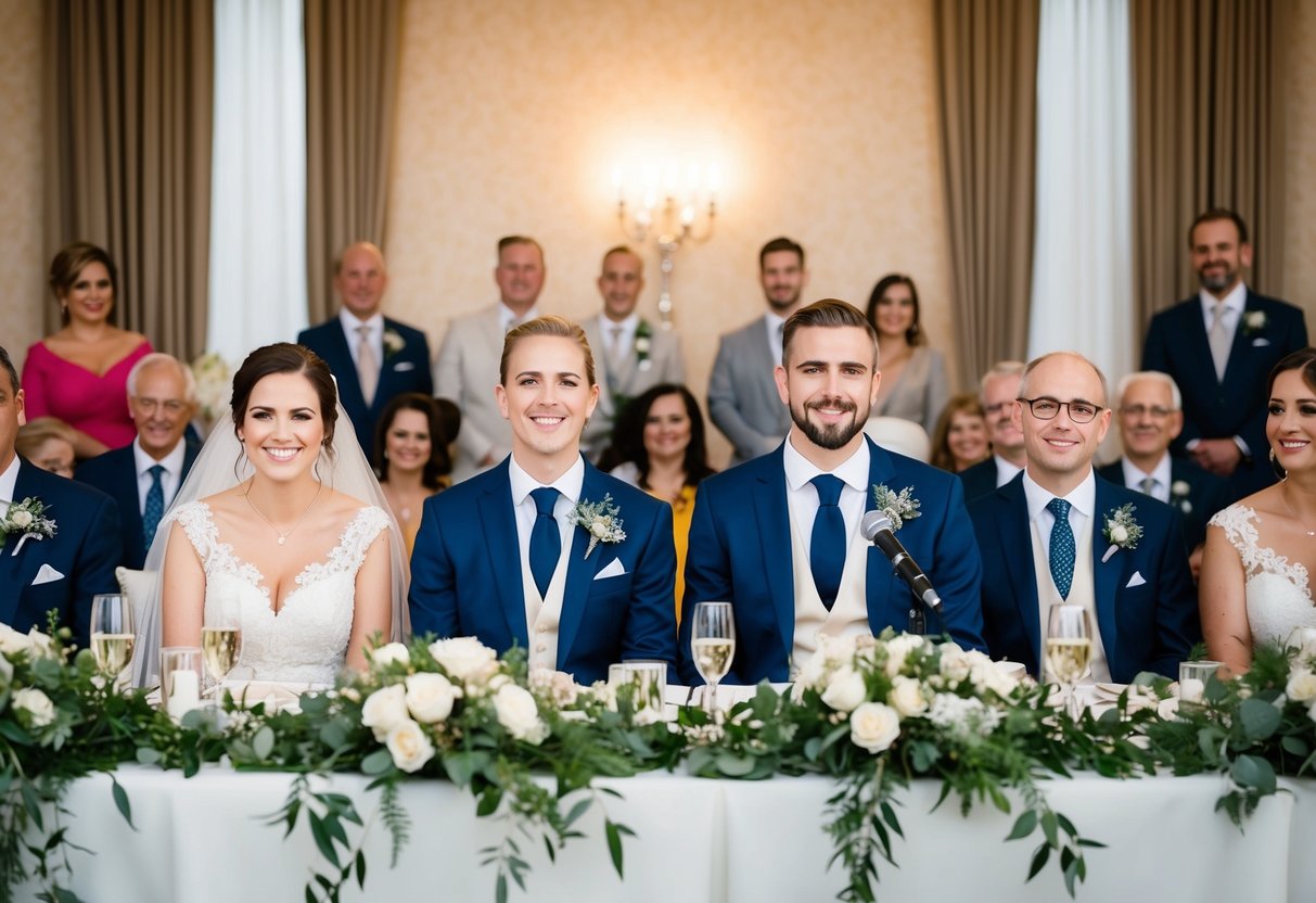 A bride and groom sitting at a beautifully decorated head table, surrounded by family and friends, with a microphone and podium set up for speeches