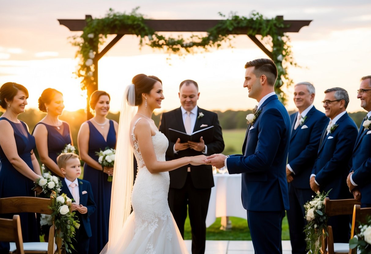 A bride and groom stand at the altar, surrounded by family and friends. The sun sets behind them, casting a warm glow as they exchange vows