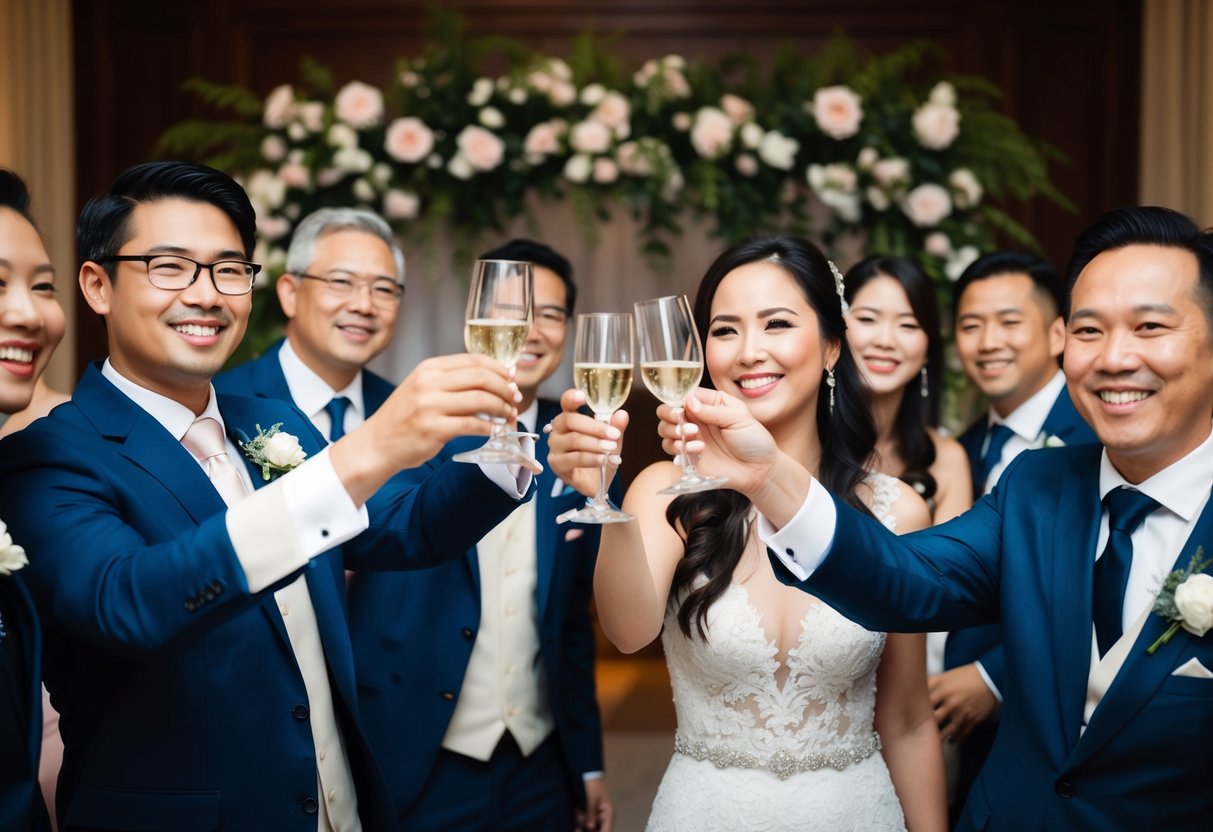 A couple raising their glasses, surrounded by smiling guests in formal attire, with a beautiful wedding backdrop in the background