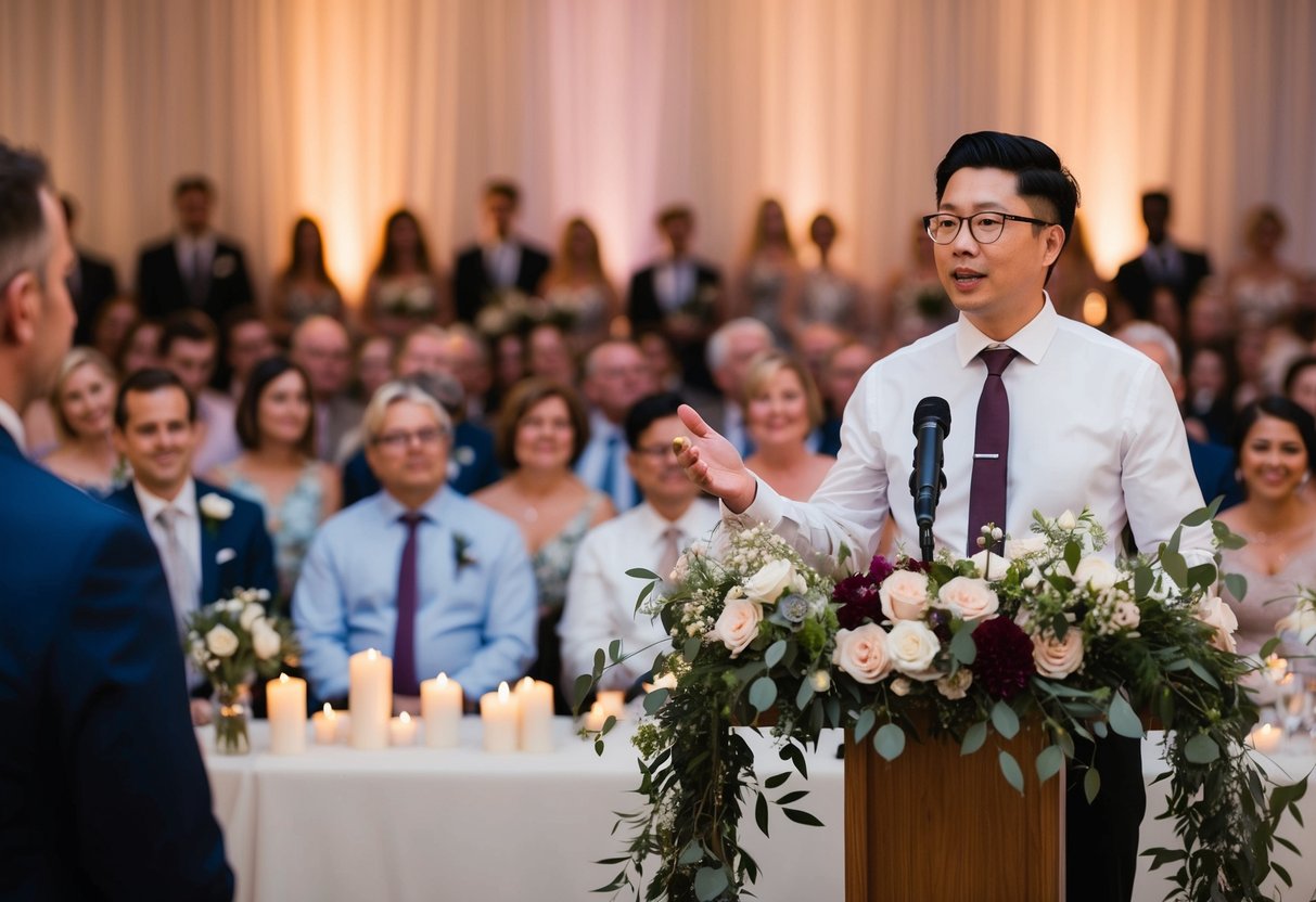 A person standing at a podium, surrounded by flowers and candles, speaking to a crowd of guests at a wedding reception
