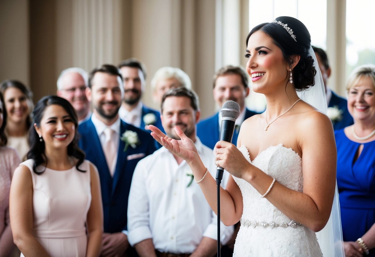 A bride stands at the microphone, surrounded by smiling guests. She holds a cue card, gesturing with her hand as she speaks