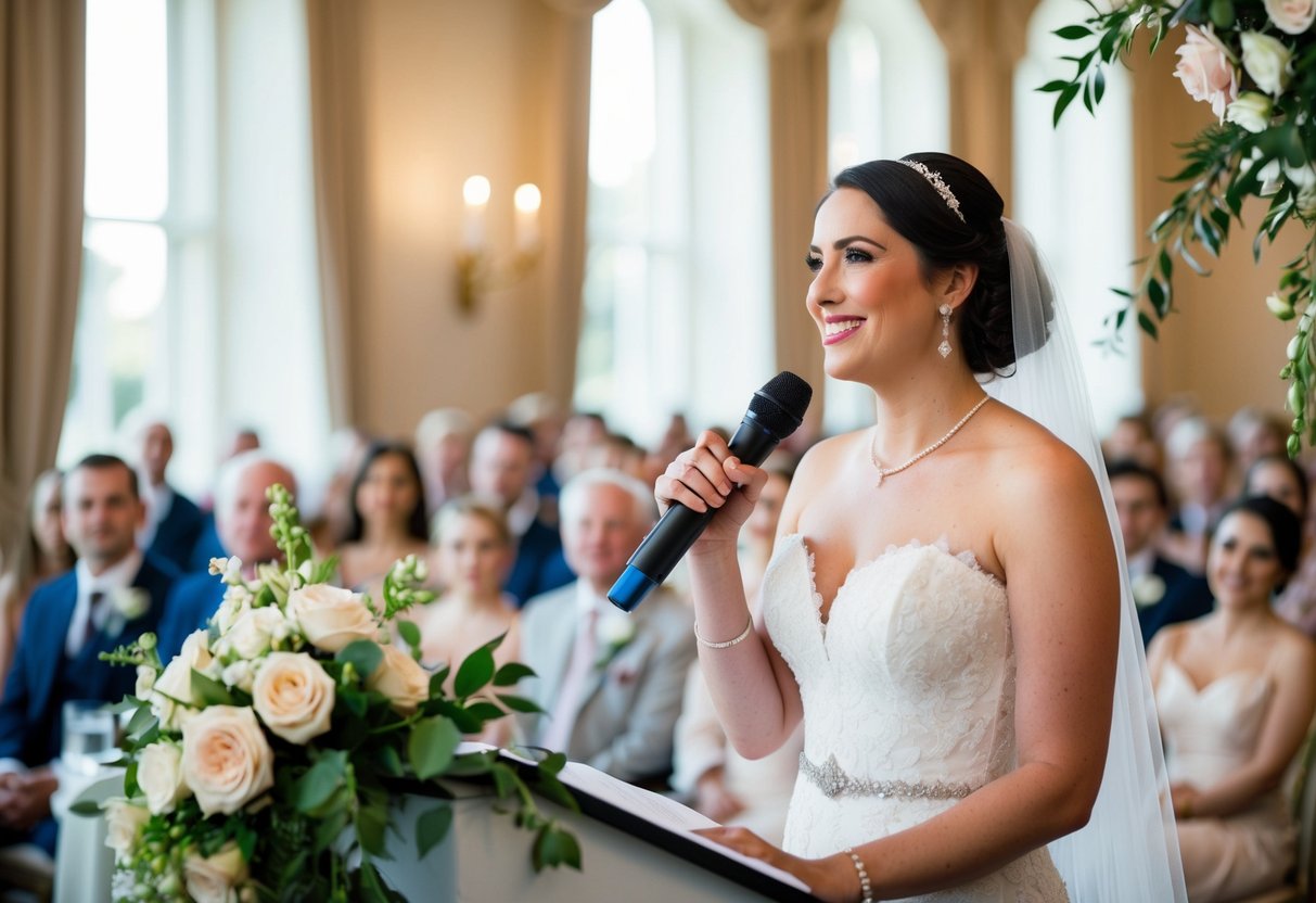 A bride stands at a microphone, surrounded by flowers and elegant decor. She looks out at her audience with a smile, preparing to deliver her heartfelt speech