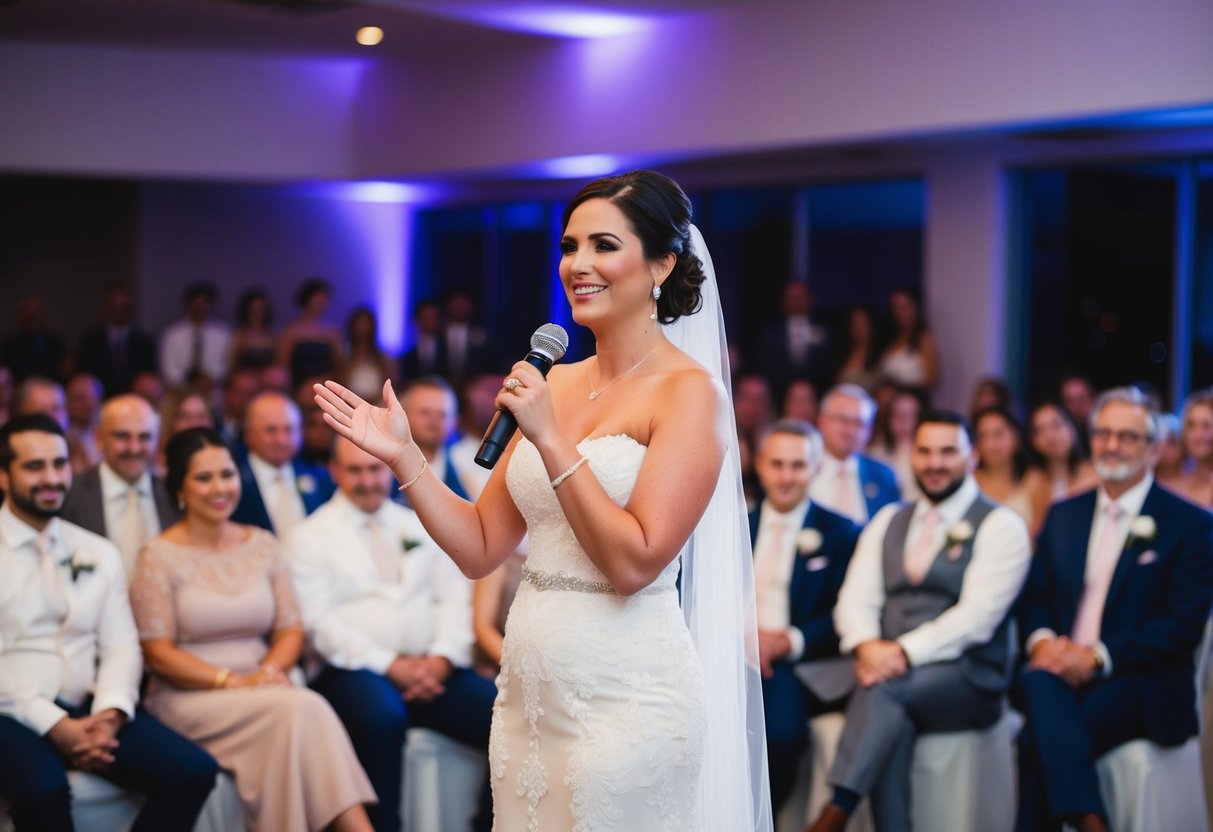 A bride confidently delivers her speech at the reception, standing tall with a microphone in hand, surrounded by a captivated audience