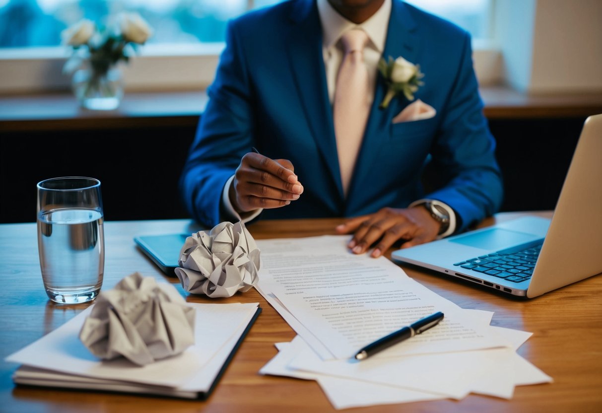 A person sits at a desk, surrounded by crumpled papers and a laptop, practicing a wedding speech. A glass of water and a pen sit nearby