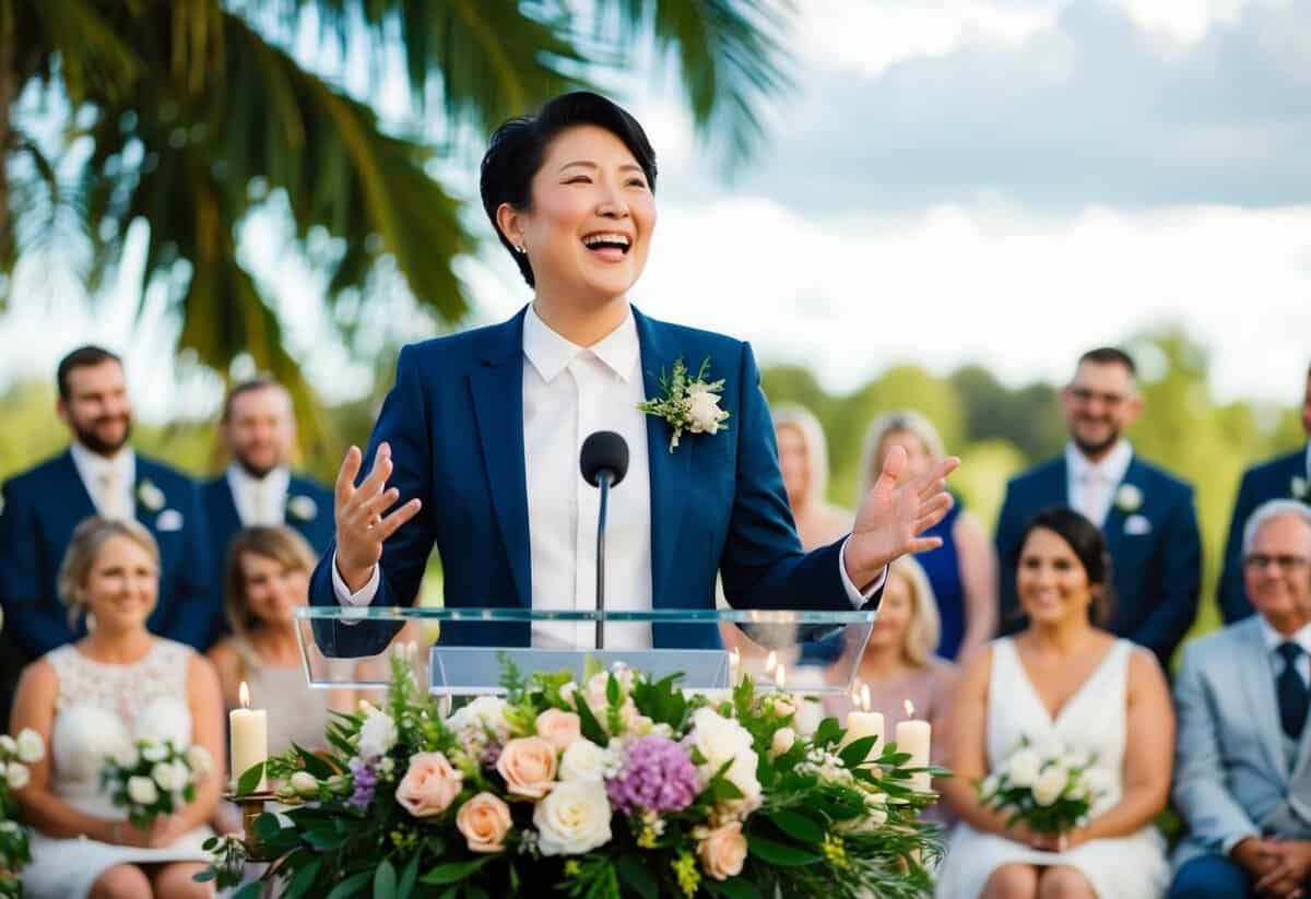 A person stands at a podium, surrounded by flowers and candles. They speak with joy and emotion, sharing heartfelt words with the wedding guests
