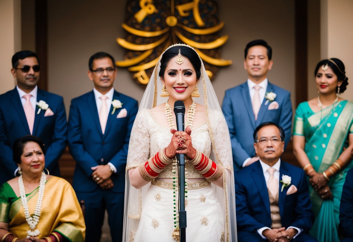 A bride stands at a microphone, surrounded by cultural and traditional symbols. Family members and guests look on expectantly as she prepares to deliver her speech
