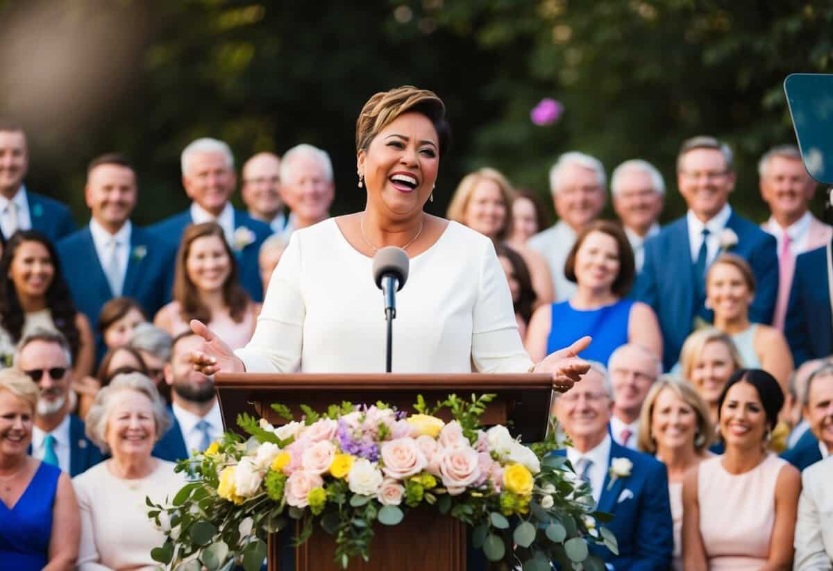 A person standing behind a podium, surrounded by flowers and decorations, speaking with joy and emotion to a crowd of smiling guests