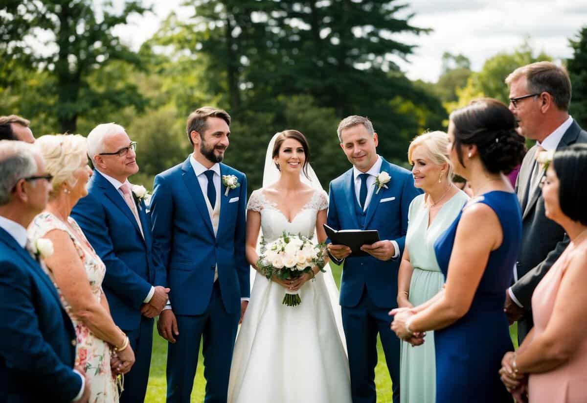 The bride and groom stand at the center, surrounded by family and friends. They take turns speaking, sharing their love and gratitude