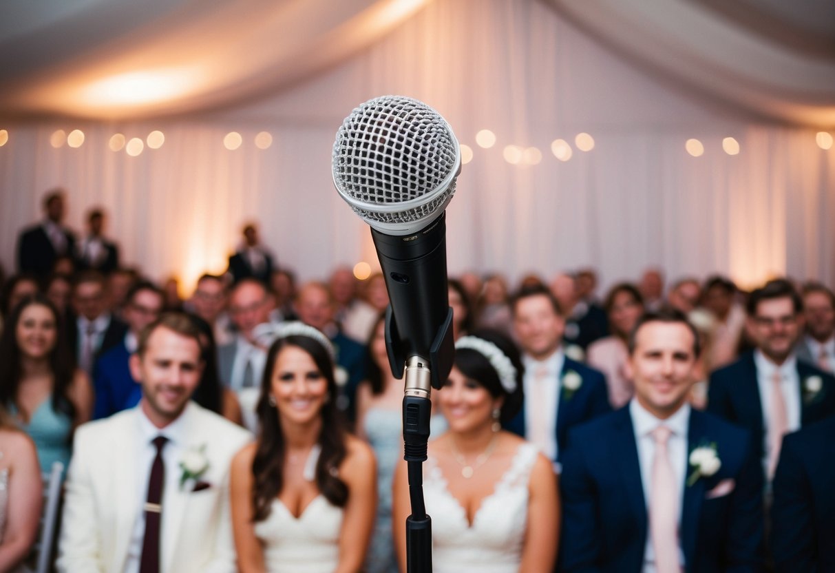 A microphone on a podium in front of a crowd at a wedding reception